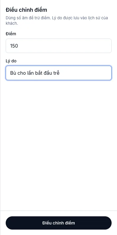 Điểm thưởng khách hàng thân thiết — +150, kèm lý do — Điện thoại