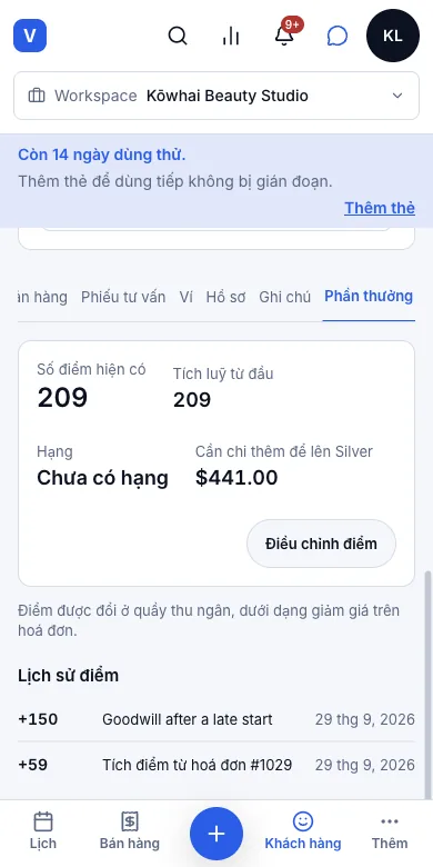 Điểm thưởng khách hàng thân thiết — Kết quả — 209 điểm — Điện thoại
