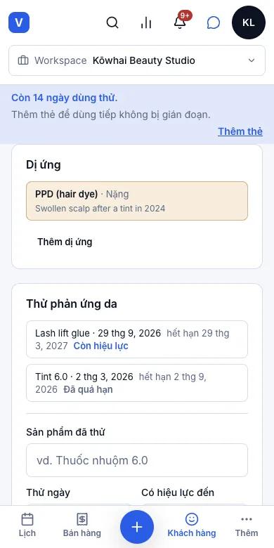 Dị ứng và ghi chú y tế — Kết quả — dị ứng trong thẻ Hồ sơ — Điện thoại