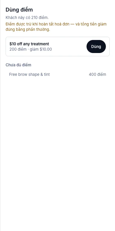 Điểm thưởng khách hàng thân thiết — 210 điểm — đủ cho phần giảm $10 — Điện thoại