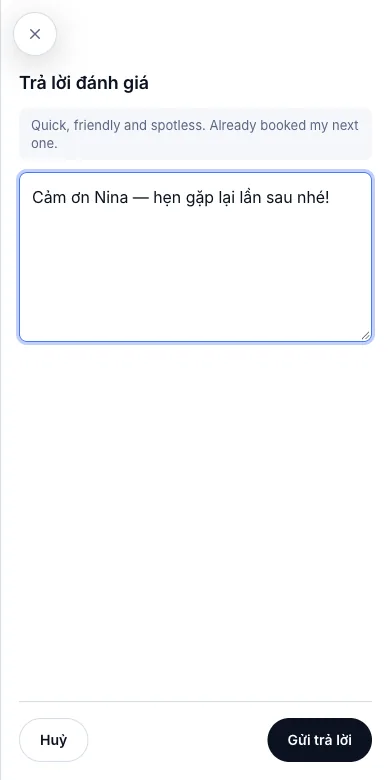 Đánh giá của khách, có trả lời của tiệm — Trả lời Nina Kowalski — Điện thoại