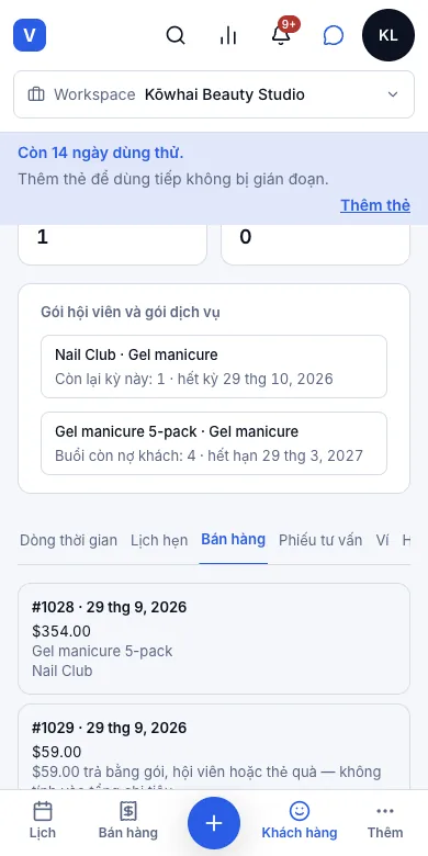 Lịch sử làm dịch vụ và lịch sử chi tiêu — Bán hàng — lần $59 trả từ tiền trả trước — Điện thoại