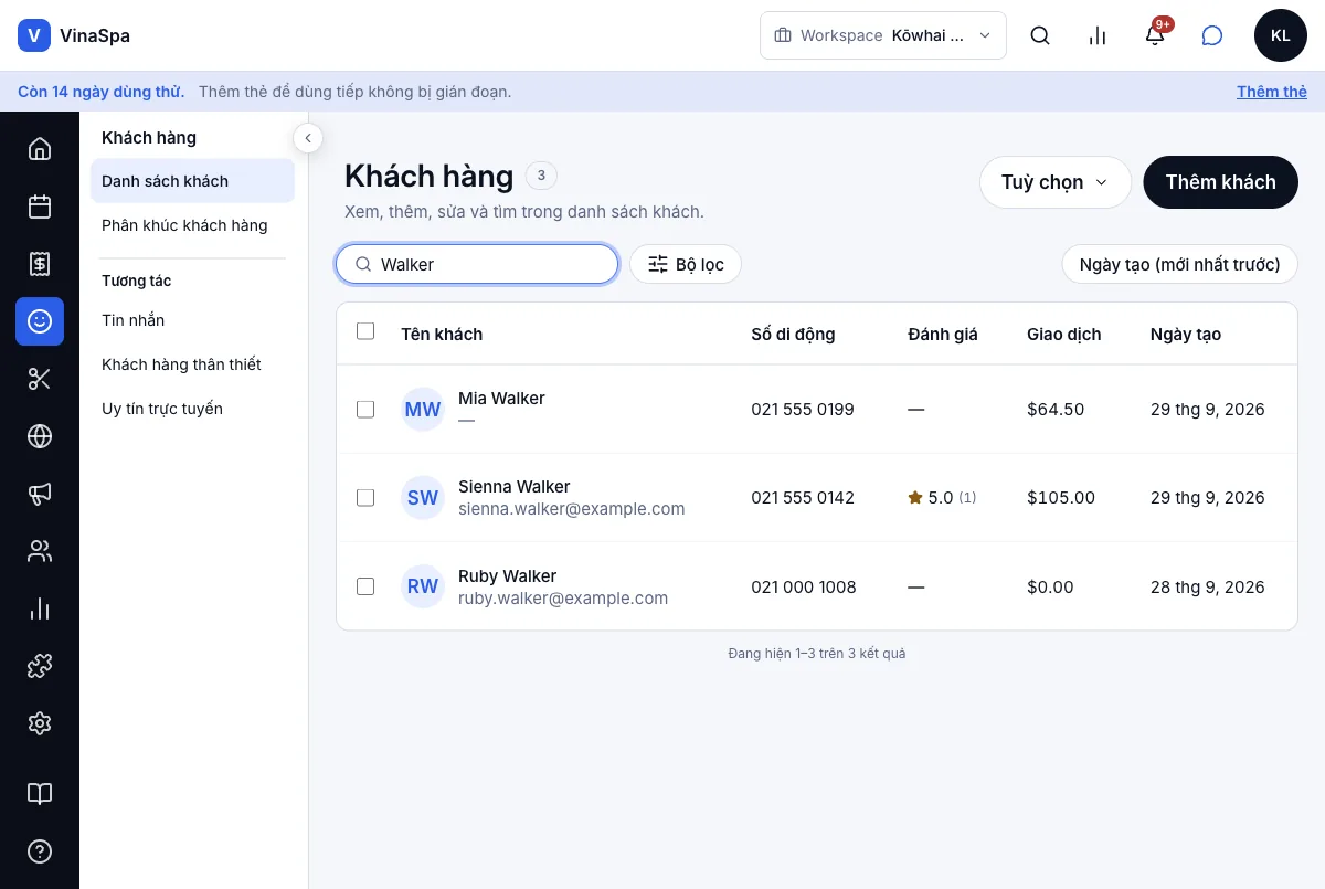 Tìm khách theo tên, email hoặc số điện thoại — "Walker" — ba khách — Máy tính