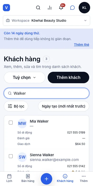 Tìm khách theo tên, email hoặc số điện thoại — "Walker" — ba khách — Điện thoại