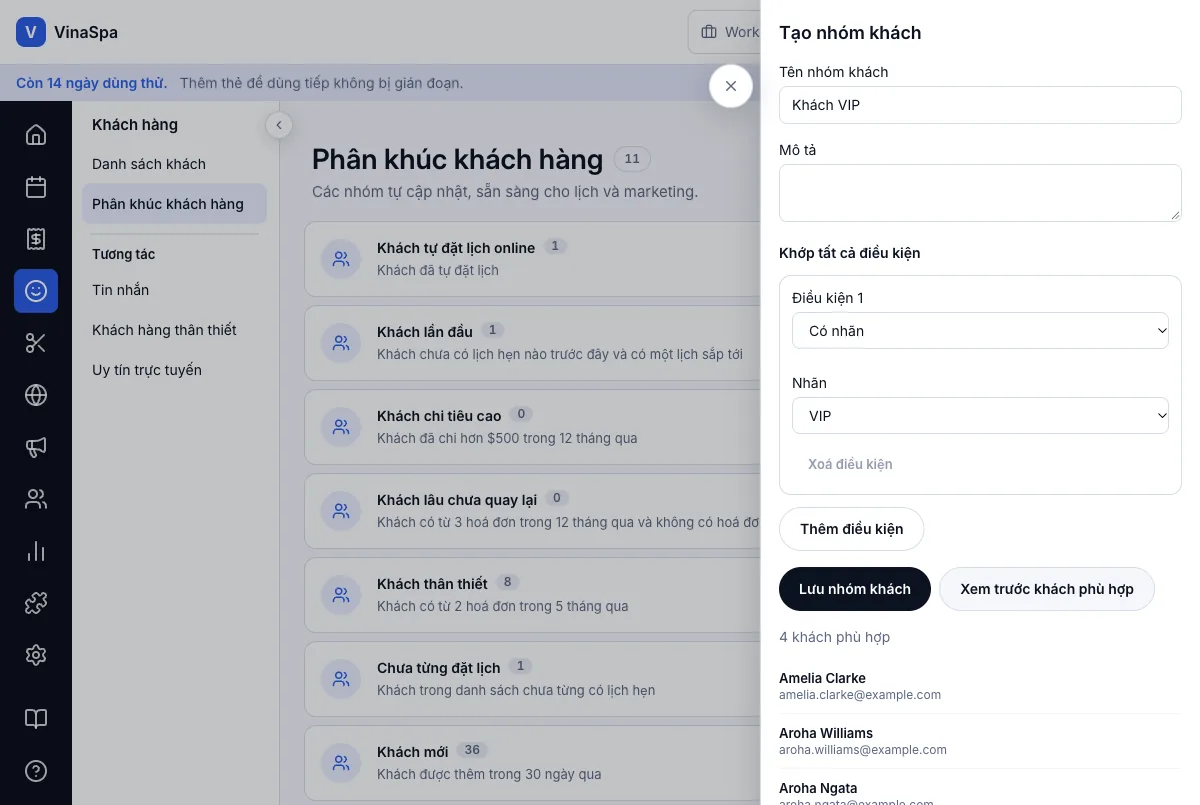 Nhóm khách tự cập nhật (khách mới, lâu không quay lại, sinh nhật…) — Có nhãn VIP — danh sách xem trước bên dưới — Máy tính