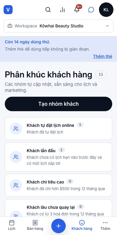 Nhóm khách tự cập nhật (khách mới, lâu không quay lại, sinh nhật…) — Các nhóm khách có sẵn — Điện thoại