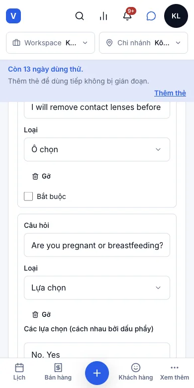 Tự dựng biểu mẫu, nhiều loại câu hỏi — Thêm "Are you pregnant or breastfeeding?" — Lựa chọn, bắt buộc — Điện thoại