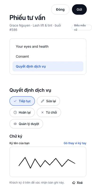 Khách ký tay hoặc gõ tên — Tiếp tục, và chữ ký vẽ trong ô — Điện thoại