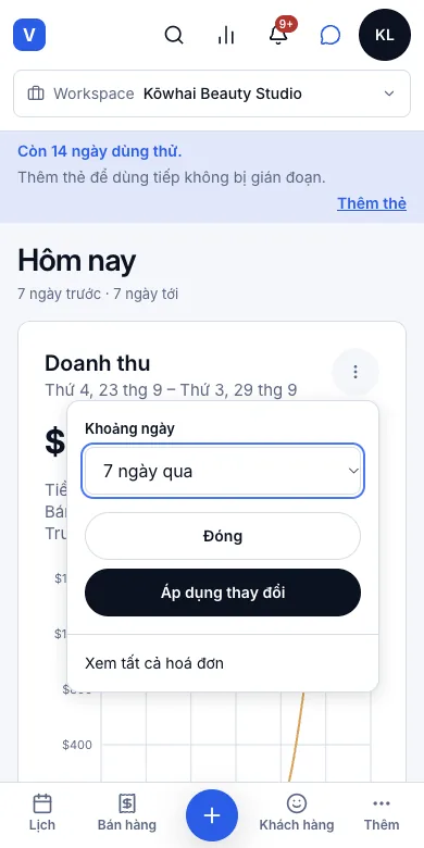 Doanh thu 7, 14, 30 hoặc 90 ngày qua — Tuỳ chọn Doanh thu — khoảng ngày và Xem tất cả hoá đơn — Điện thoại
