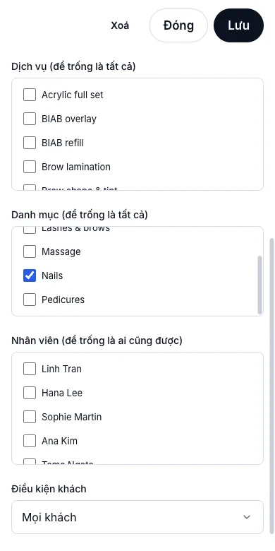 Giờ vàng lặp lại hằng tuần — Áp dụng cho — danh mục Nails — Điện thoại