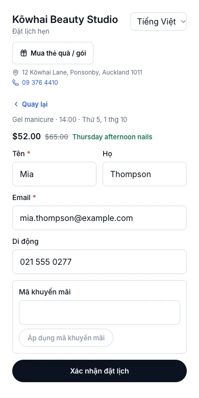 Giá ưu đãi hiện ngay trên lịch trước khi đặt — 14:00 — $52.00, kèm tên ưu đãi — Điện thoại