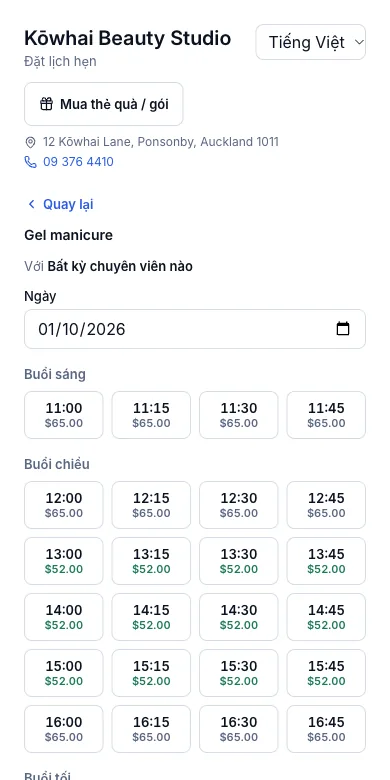 Giá ưu đãi hiện ngay trên lịch trước khi đặt — Thứ Năm 1/10 — $52.00 trong khung buổi chiều — Điện thoại