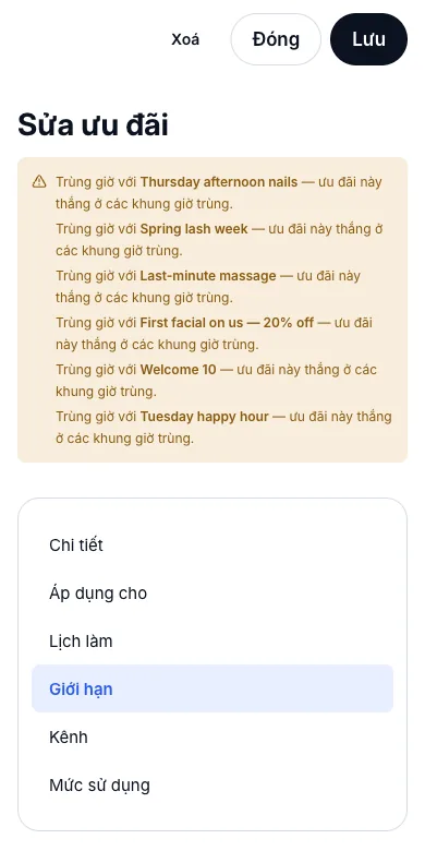 Giới hạn theo ngày và theo khách — 50 lượt, mỗi khách 1 lượt — Điện thoại