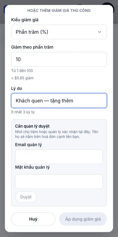 Duyệt giảm giá theo quyền — Login lễ tân — cần quản lý duyệt — Điện thoại