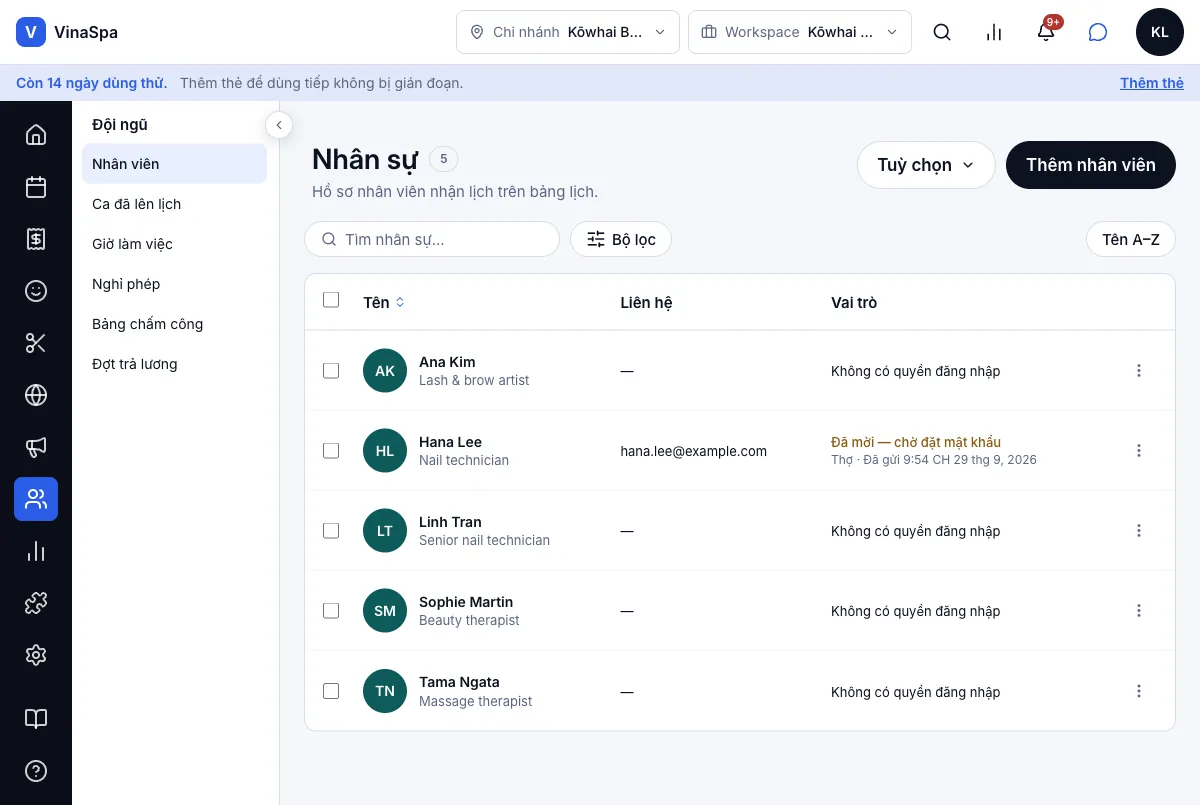 Tạo tài khoản, mời nhân viên qua email — Kết quả — đã mời, chờ đặt mật khẩu — Máy tính