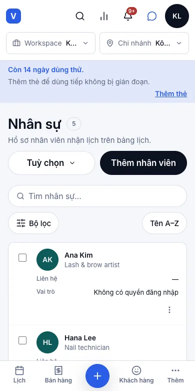 Tạo tài khoản, mời nhân viên qua email — Nhân viên — chưa ai đăng nhập được — Điện thoại
