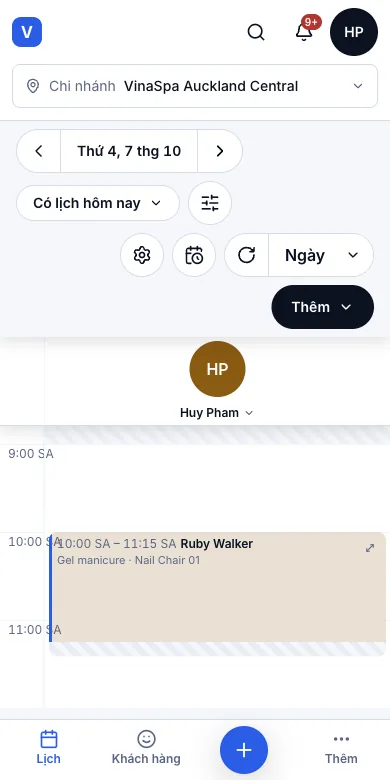Thợ có login riêng, xem lịch của mình — Lịch riêng của Huy Pham (login thợ, tiệm thử thứ hai) — Điện thoại