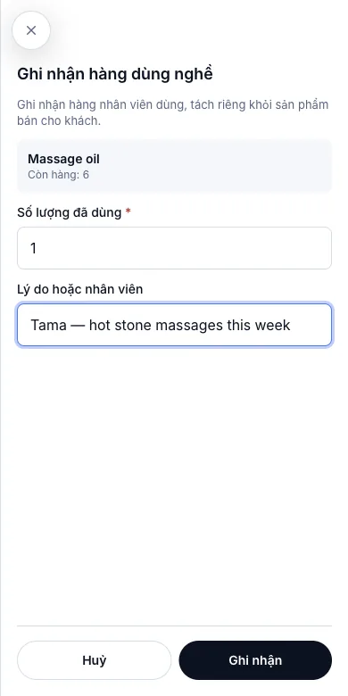 Hàng dùng nghề: thợ lấy dùng khi làm — Ghi nhận hàng dùng nghề — 1 chai, cho Tama — Điện thoại
