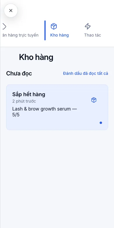 Báo sắp hết hàng ở mức đặt lại — Thông báo → Kho hàng — Sắp hết hàng — Điện thoại