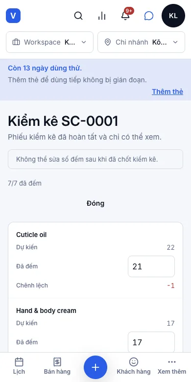 Kiểm kê định kỳ — Kết quả — đã chốt, chỉ xem được — Điện thoại