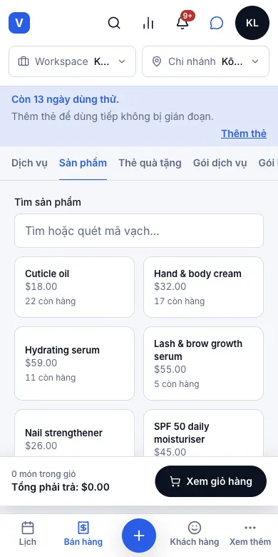 Sản phẩm bán lẻ, bán được tại quầy — Thẻ Sản phẩm — ô nào cũng có giá và số tồn — Điện thoại