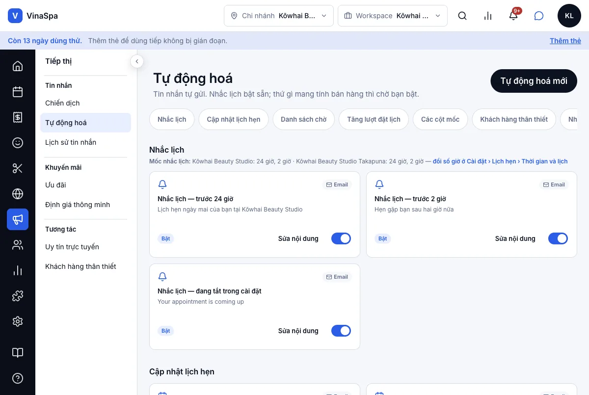 Hai lần nhắc lịch tự động (trước 24 giờ và 2 giờ) — Nhắc lịch — trước 24 giờ và 2 giờ, đều Bật — Máy tính