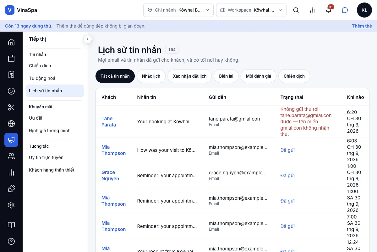 Xem lại mọi thư đã gửi cho từng khách, cả thư gửi hỏng — Lịch sử tin nhắn — một thư xác nhận gửi hỏng, trên các thư đã gửi của Mia — Máy tính