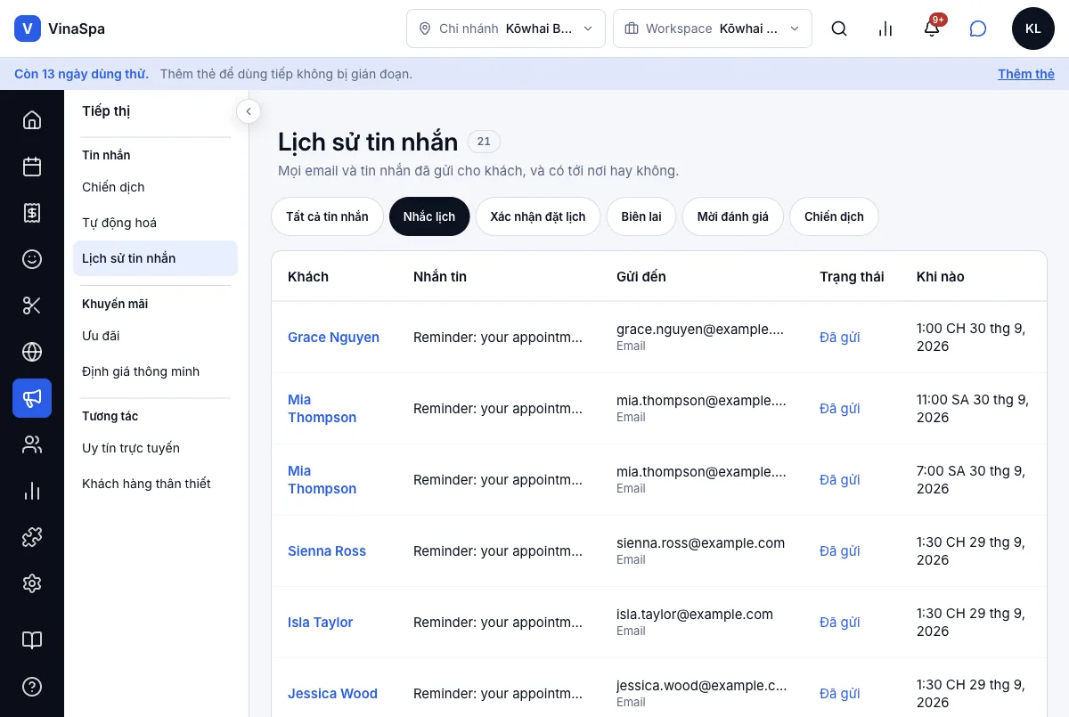 Hai lần nhắc lịch tự động (trước 24 giờ và 2 giờ) — Lịch sử tin nhắn → Nhắc lịch — hai thư nhắc của Mia, mỗi buổi một thư — Máy tính
