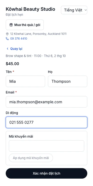 Trang đặt lịch riêng của tiệm — Thông tin của Mia Thompson, sẵn sàng xác nhận — Điện thoại