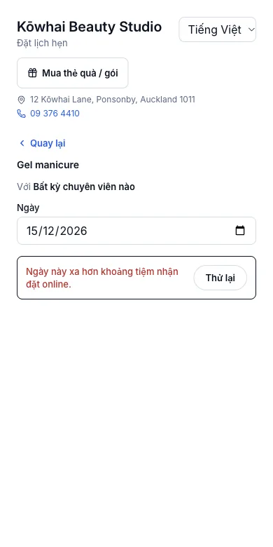 Giới hạn đặt quá gấp và quá xa — Kết quả — ngày 15/12 bị từ chối — Điện thoại