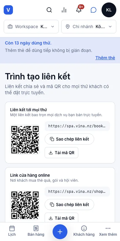 Trang đặt lịch riêng của tiệm — Trình tạo liên kết — link nào cũng có mã QR — Điện thoại