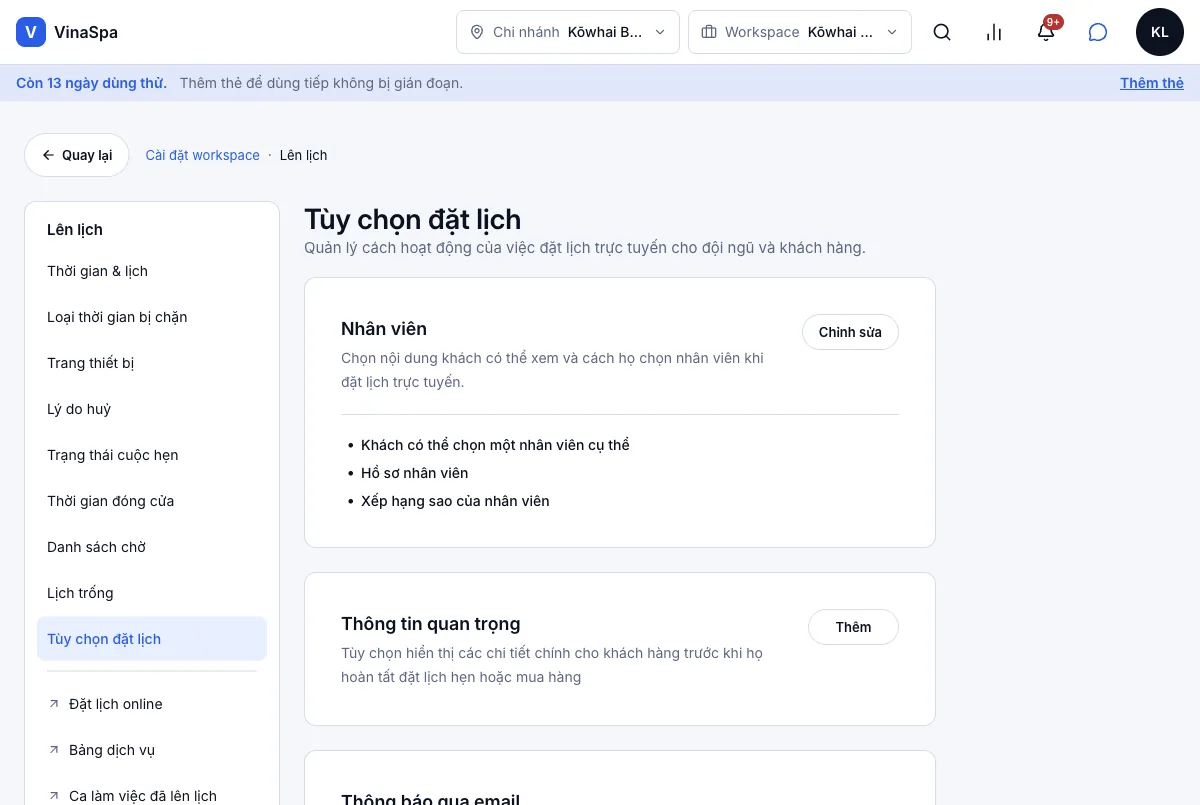 Chọn nhân viên, hoặc "ai rảnh cũng được" — Tùy chọn đặt lịch — ba công tắc về nhân viên — Máy tính