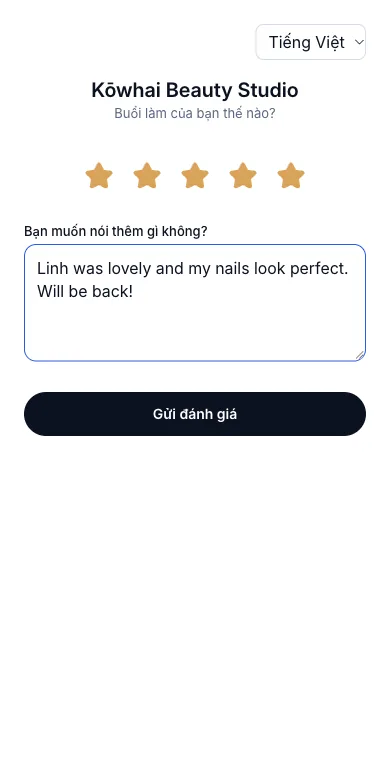 Trang đánh giá khách chỉ mở được một lần — Mia Thompson chấm năm sao — Điện thoại