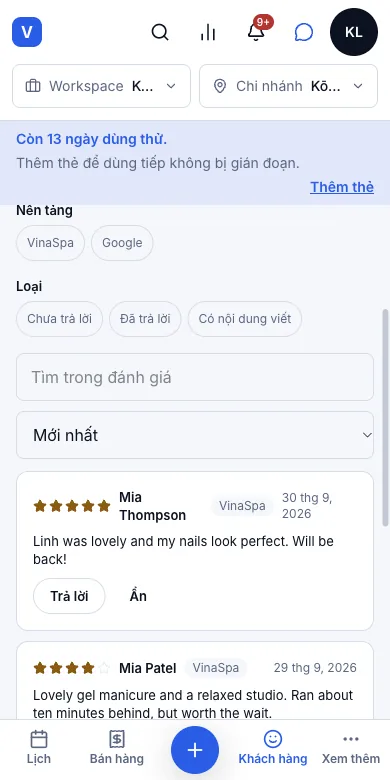 Trang đánh giá khách chỉ mở được một lần — Đánh giá của Mia Thompson ở đầu Tất cả đánh giá — Điện thoại