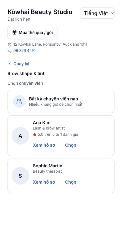 Chọn nhân viên, hoặc "ai rảnh cũng được" — Kết quả — Bất kỳ chuyên viên nào, Ana Kim và Sophie Martin cho Brow shape & tint — Điện thoại