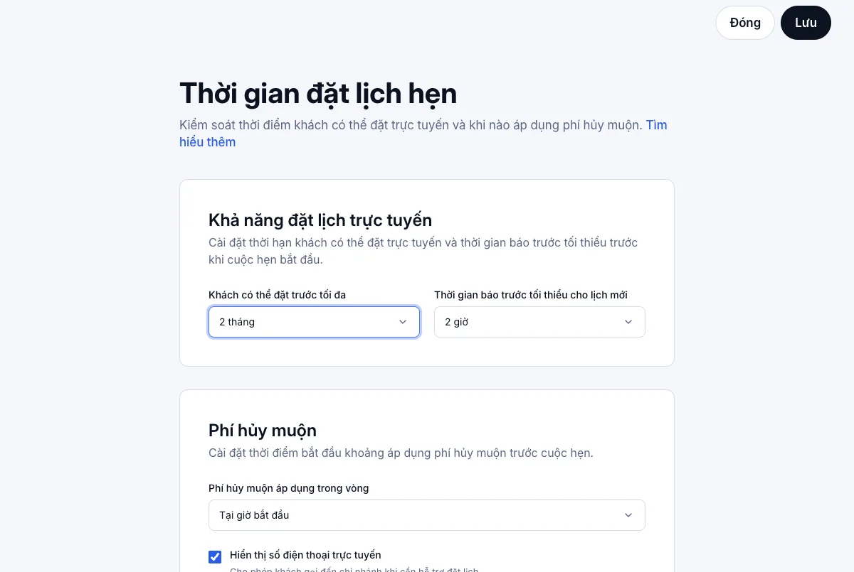 Giới hạn đặt quá gấp và quá xa — Thời gian đặt lịch hẹn — trước 2 tháng, báo trước 2 giờ — Máy tính