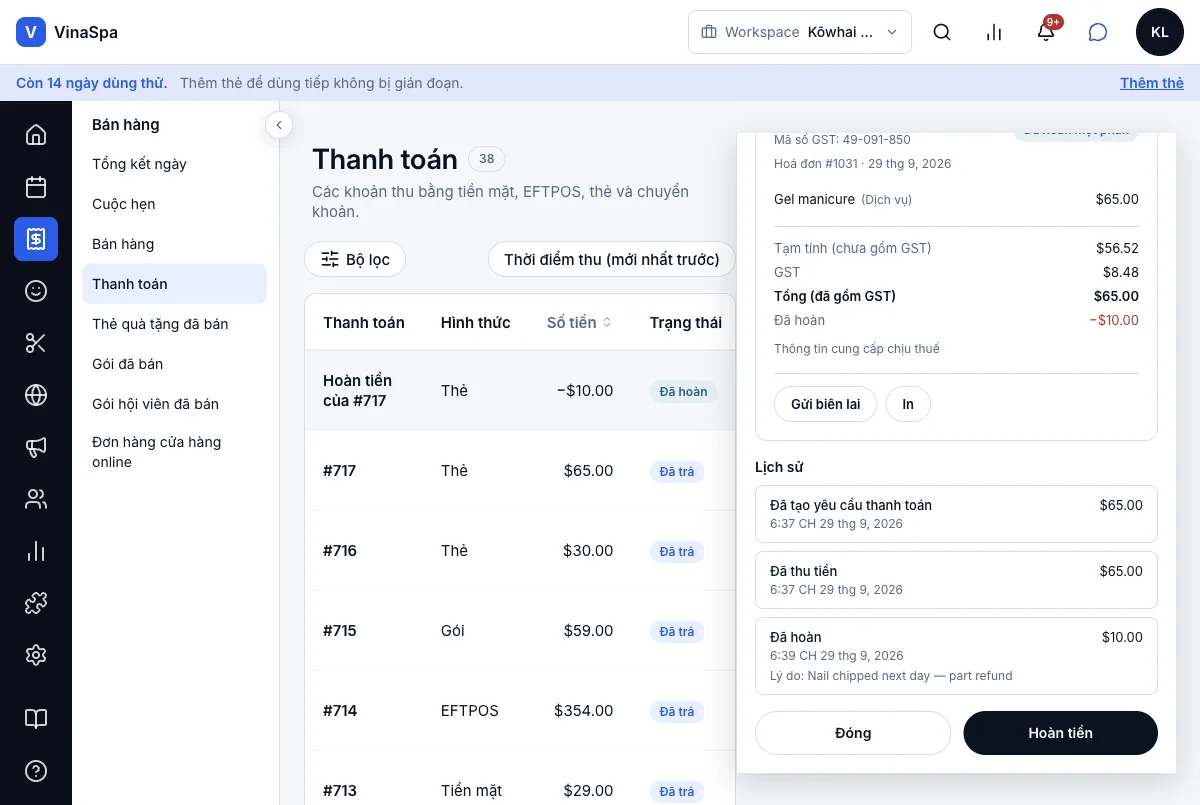 Hoàn một phần hoặc toàn bộ — Kết quả — thực thu $55.00, khoản hoàn trong lịch sử — Máy tính
