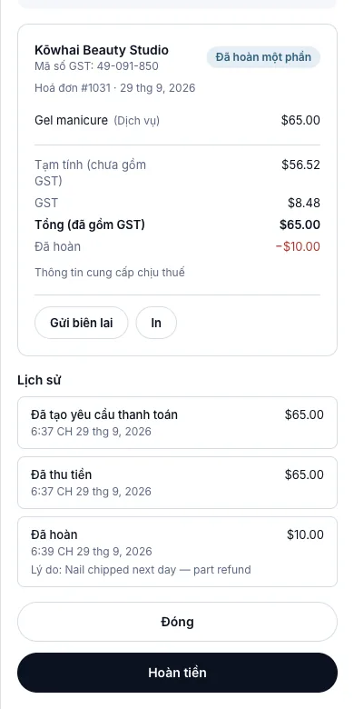 Hoàn một phần hoặc toàn bộ — Kết quả — thực thu $55.00, khoản hoàn trong lịch sử — Điện thoại