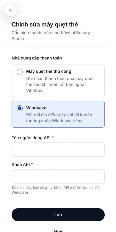 Thanh toán thẻ qua Windcave — Chọn Windcave — hai ô Windcave cấp — Điện thoại