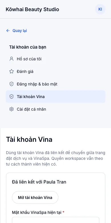 Nhận lịch hẹn từ ứng dụng VinaRewards — Tài khoản Vina — đã liên kết với Paula Tran — Điện thoại