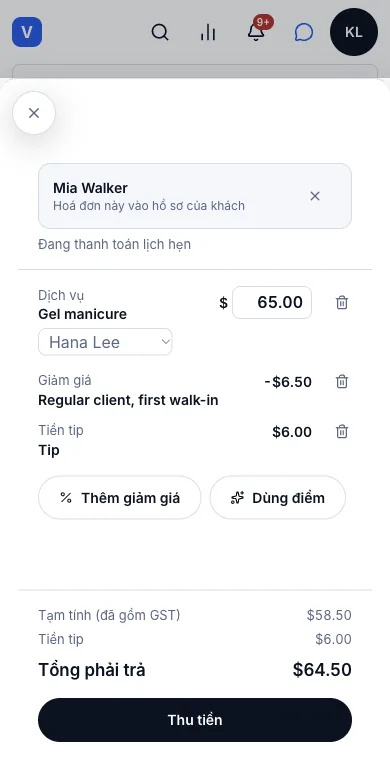 Bán tại quầy, chia nhiều hình thức thanh toán — Màn thu ngân cho lịch làm móng gel của Mia Walker — đã có giảm giá và tip — Điện thoại