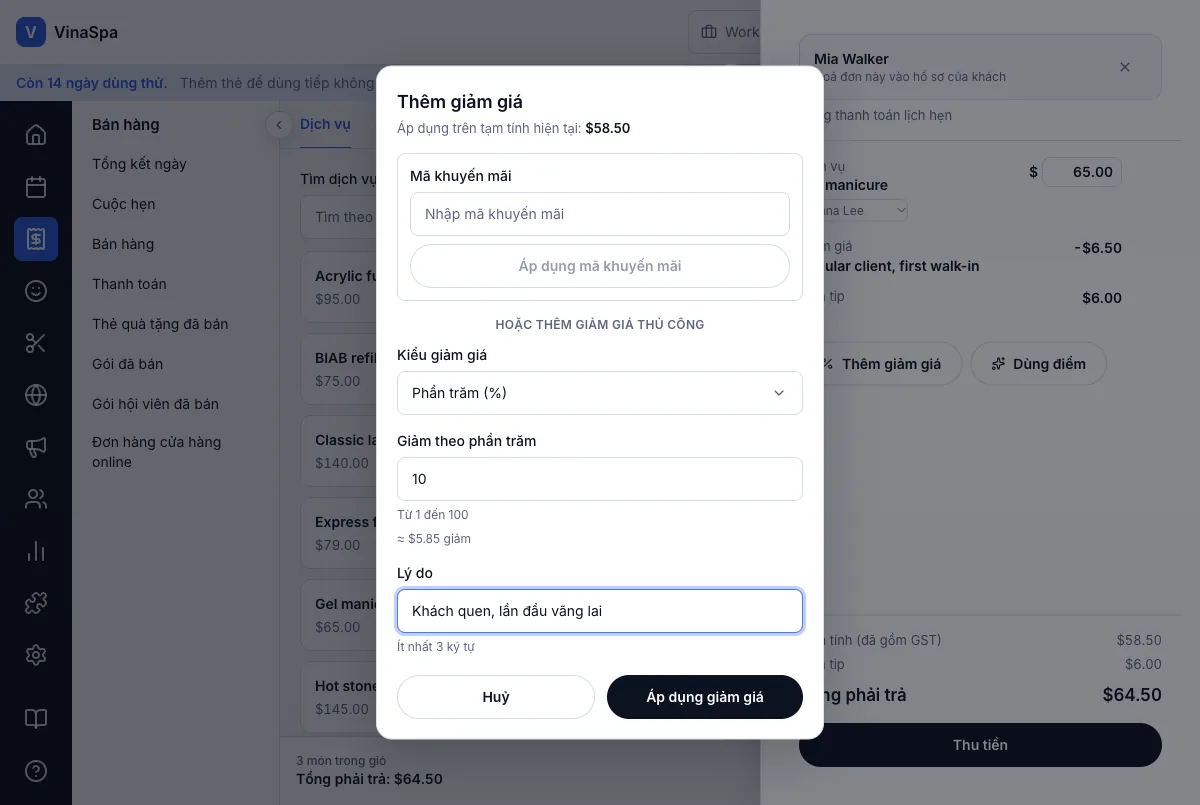 Giảm giá, có phân quyền và bắt buộc ghi lý do — Giảm 10%, có ghi lý do — Máy tính