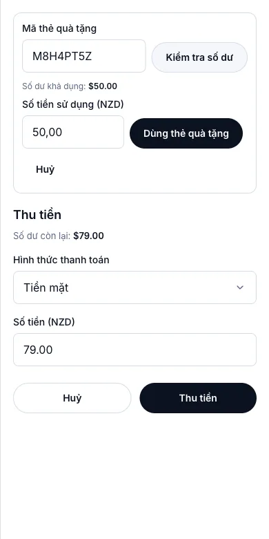 Bán và dùng thẻ quà tặng — $50.00 từ thẻ; $79.00 còn lại trả tiền mặt — Điện thoại