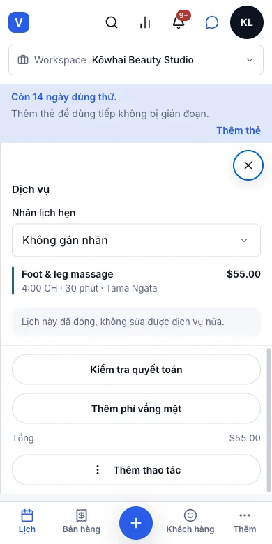 Phí huỷ muộn và phí vắng mặt — Khách không đến — Thêm phí vắng mặt — Điện thoại
