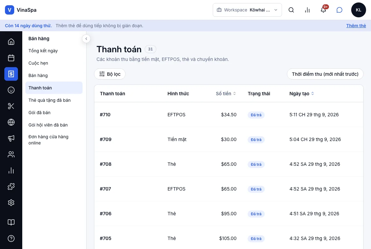 Bán tại quầy, chia nhiều hình thức thanh toán — Thanh toán — phần tiền mặt và phần EFTPOS thành hai dòng — Máy tính