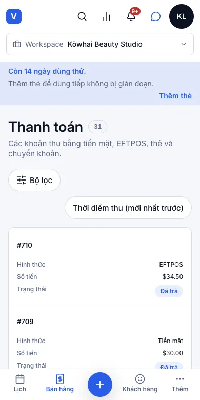 Bán tại quầy, chia nhiều hình thức thanh toán — Thanh toán — phần tiền mặt và phần EFTPOS thành hai dòng — Điện thoại