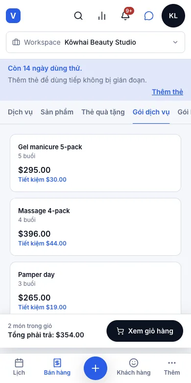 Bán gói trả trước và dùng gói tại quầy — Thẻ Gói dịch vụ — gói 5 lần làm móng gel, $295, tiết kiệm $30 — Điện thoại