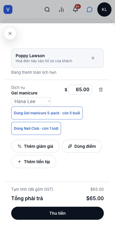 Bán gói trả trước và dùng gói tại quầy — Màn thu ngân gợi ý gói ngay dưới dịch vụ — Điện thoại