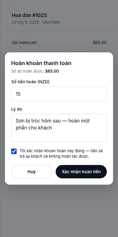 Hoàn tiền, đảo đủ cả ba vế sổ sách — Hoàn $15 thiện chí cho hoá đơn #1023 — Điện thoại