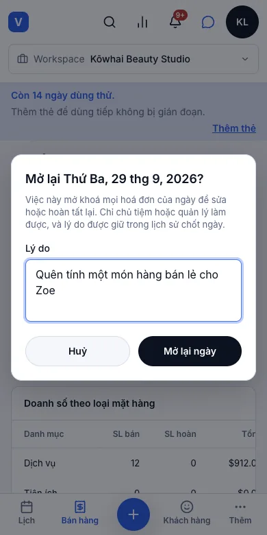 Mở lại ngày đã khoá, có lý do và lịch sử — Mở lại — quên nhập một hoá đơn bán lẻ — Điện thoại